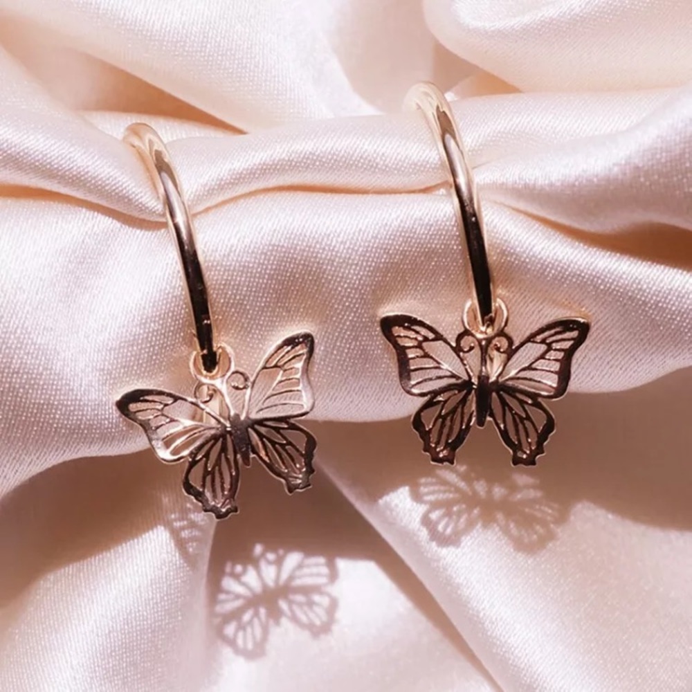 Gold Butterfly Hoop Earrings - Elegant Women’s Jewelry - Picture 2 of 4